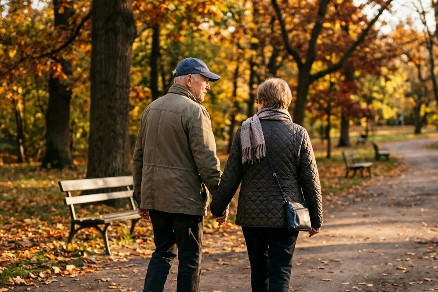 An older veteran and his wife walking in a park